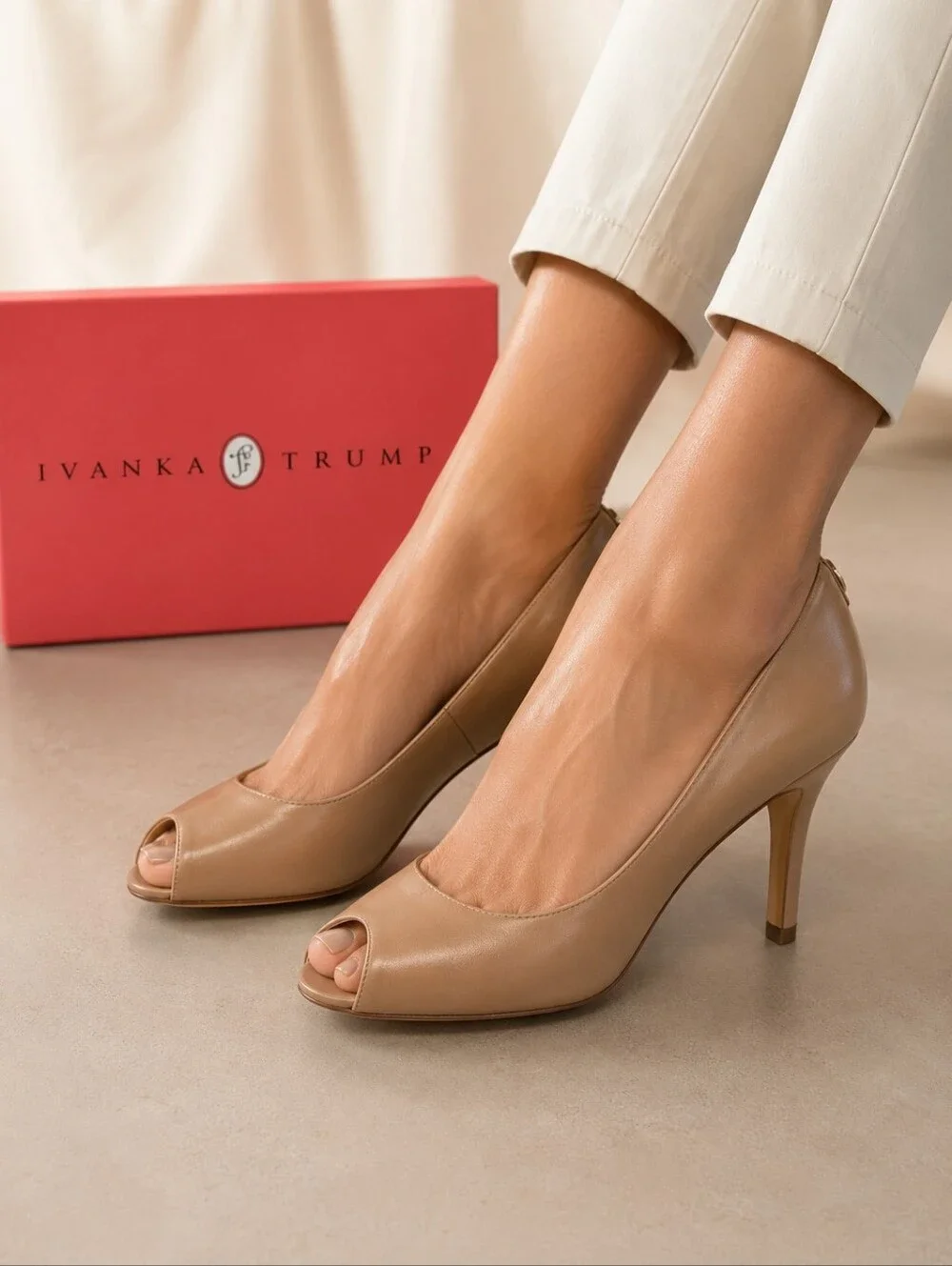 Ivanka Trump Beige Peep-Toe Leather Pumps Size 7
